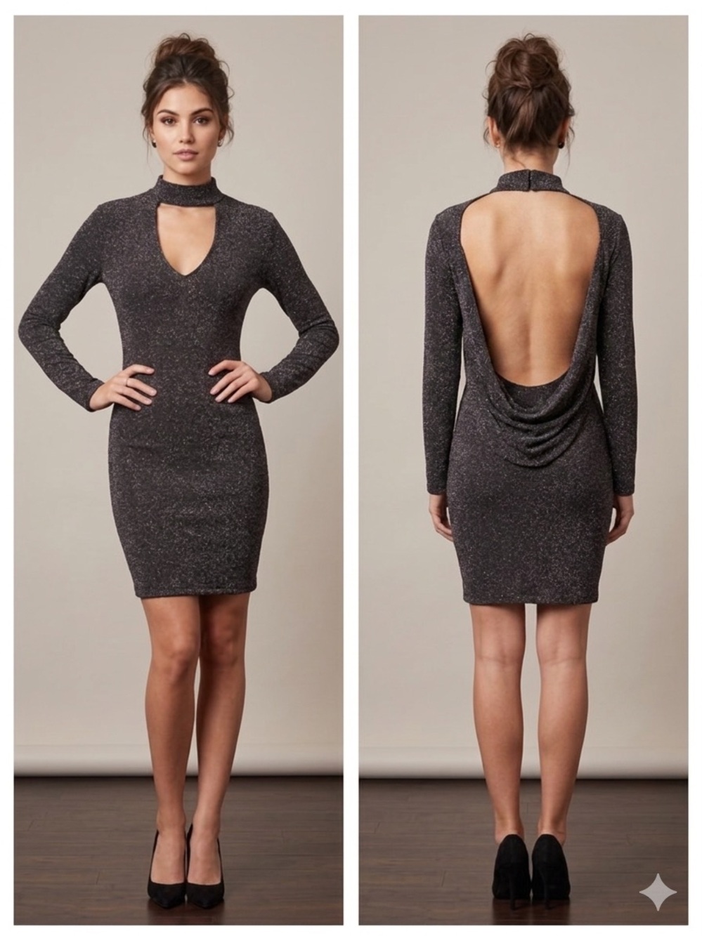 B. Smart Sparkly Black Long Sleeve Cowl Back Mini Dress - Size S